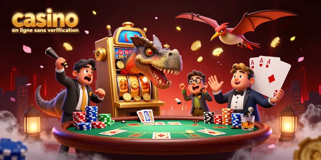 Un pachycephalosaurus qui secoue une machine à sous dorée au casino en ligne sans vérification, entouré de jetons colorés et de cartes jouées.