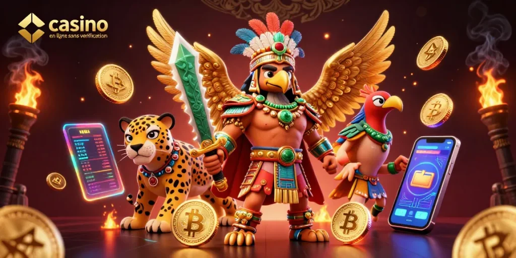 Jouez au casino en ligne sans vérification avec des personnages épiques et des pièces de crypto scintillantes.
