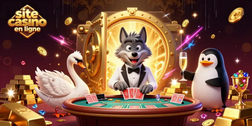 Illustration dynamique d'un site casino en ligne avec un loup élégant et autres personnages.