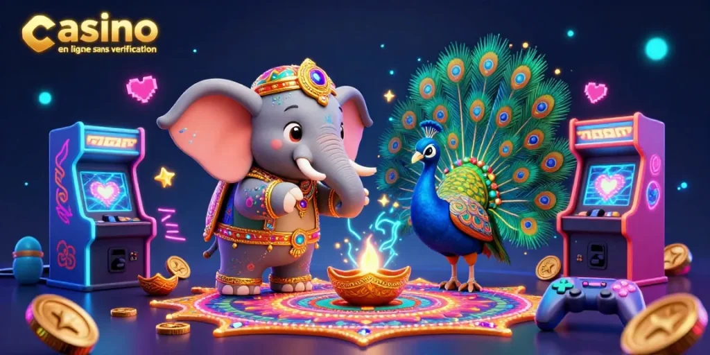 Visuel illustratif dynamique d'un casino en ligne sans vérification avec des éléments colorés de jeux d'arcade et un éléphant en or.
