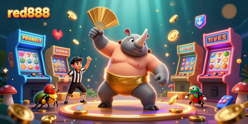 Experience the vibrant world of red888 with a sumo beetle champion launching coins in a lively casino scene.