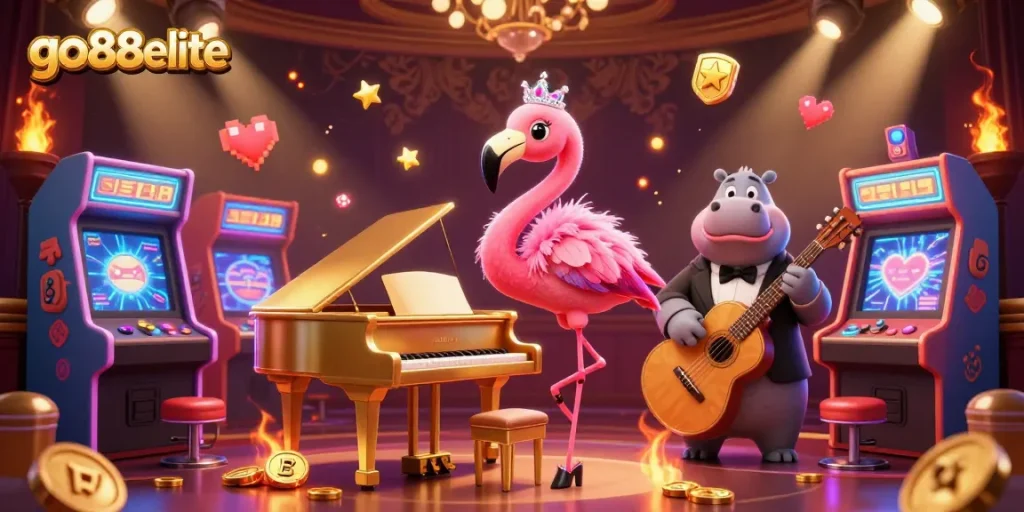 Engaging scene highlighting go88elite with a flamingo singer and hippo bassist, showcasing colorful gambling excitement.