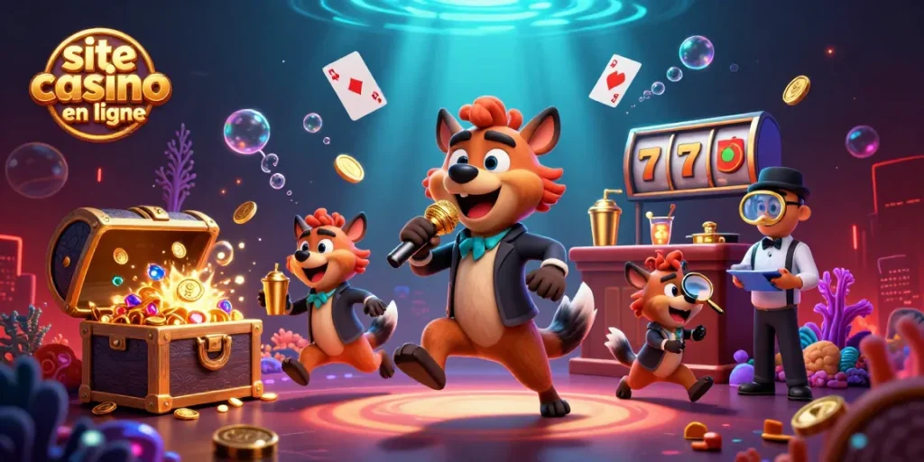 Visitez un site casino en ligne avec un spectacle comique de hyènes, joyaux et machines à sous animées.
