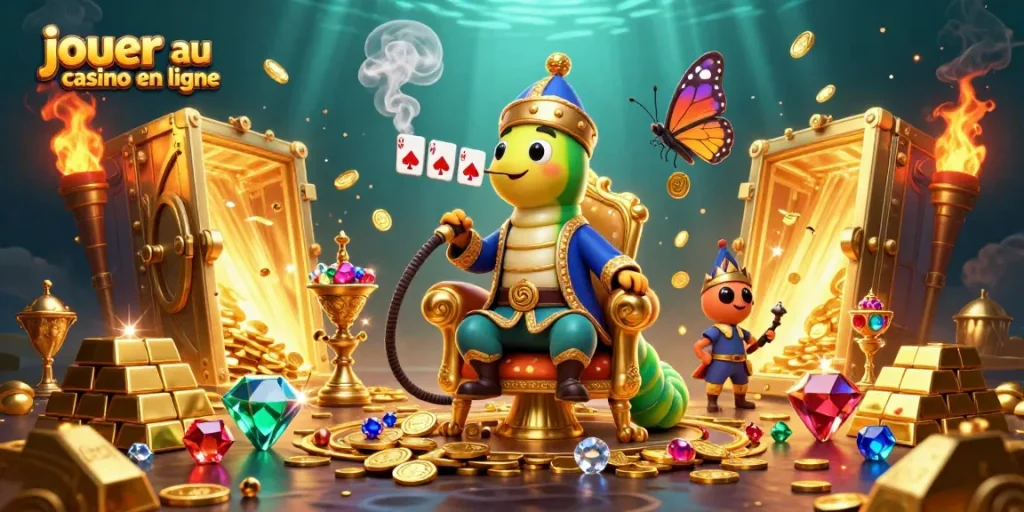 Jouer au casino en ligne dans un univers magique avec un chenille maître de chicha entouré de trésors.