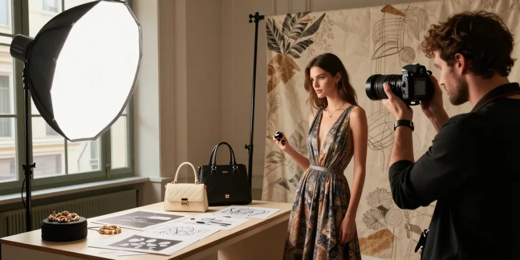 Fotografo di ritratto Milano in studio, ritrattista professionista mentre cattura un modello elegante.