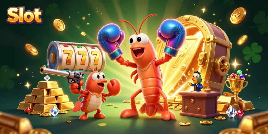 Engage in thrilling Slot gameplay with dynamic characters and vibrant casino elements in a captivating illustration.
