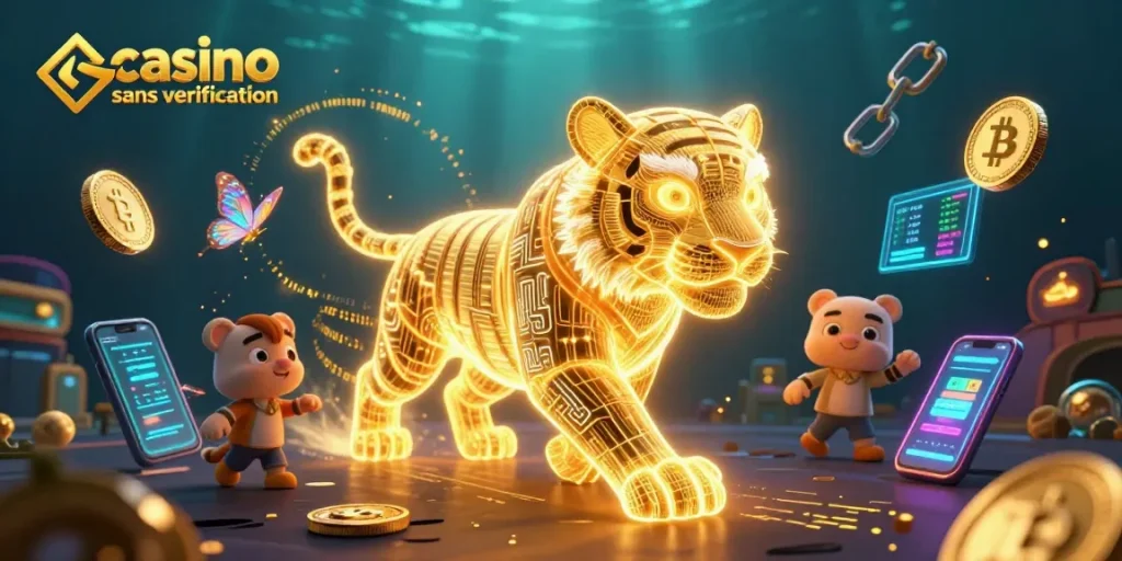 Jouez sur un casino en ligne sans vérification avec un tigre néon et des éléments numériques interactifs.