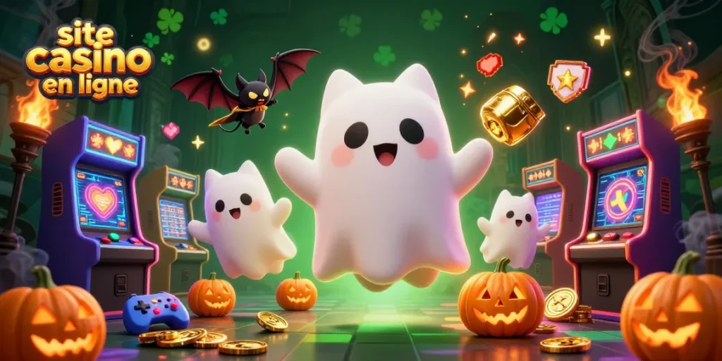 Un chat fantôme flottant dans un site casino en ligne, entouré de machines à sous et décorations festives.