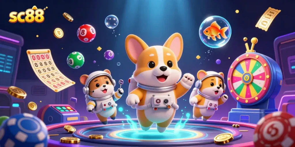 Spin and win with sc88 in a vibrant casino space adventure featuring playful characters.