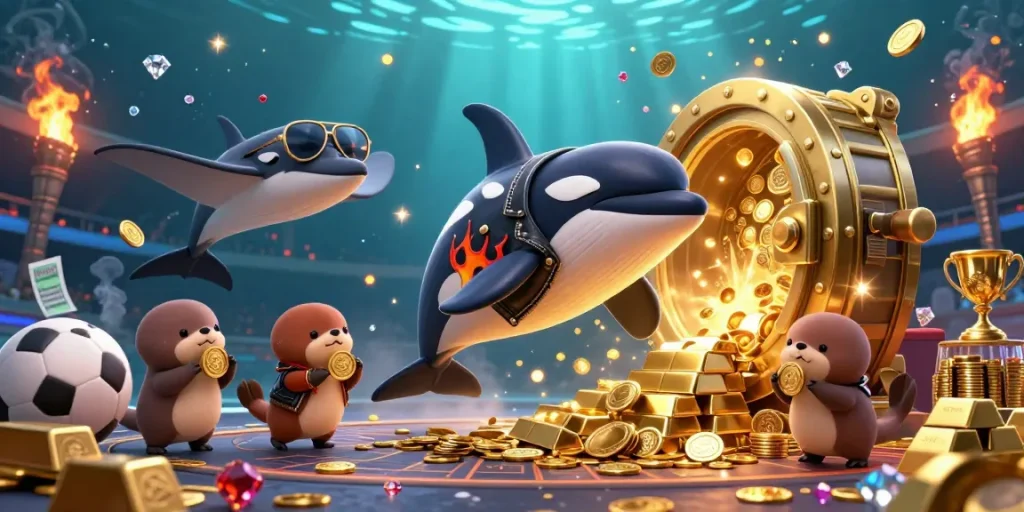 Quel site de paris sportif choisir avec une illustration d'une baleine orque, une raie et des loutres flottant dans des pièces d'or.