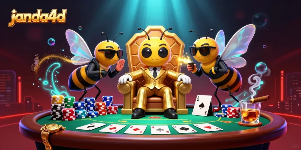janda4d menampilkan bos lebah kartun 3D dalam kasino dengan permainan poker yang menarik dan suasana yang penuh warna.