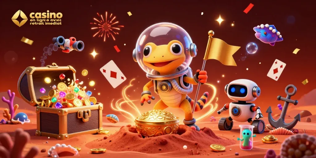 Découvrez un casino en ligne avec retrait immédiat dans une illustration colorée et festive.