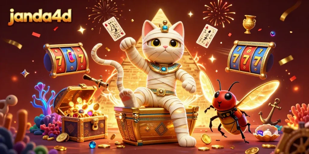 Permainan slot gacor di janda4d dengan mumi bertema kasino piramida dan kucing mumi interaktif.