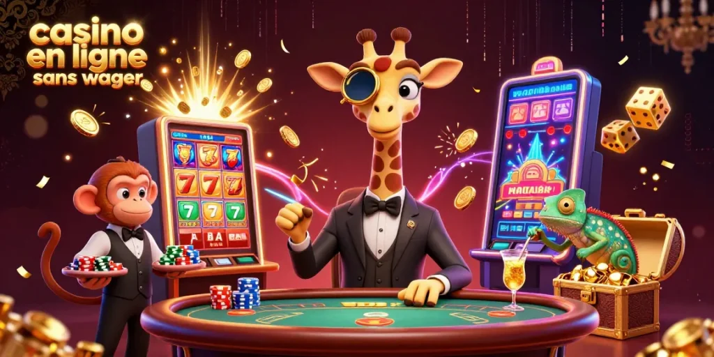 Jouez à casino en ligne sans wager avec cette illustration immersive d'un girafe parieur entouré d'un valet et d'un barman