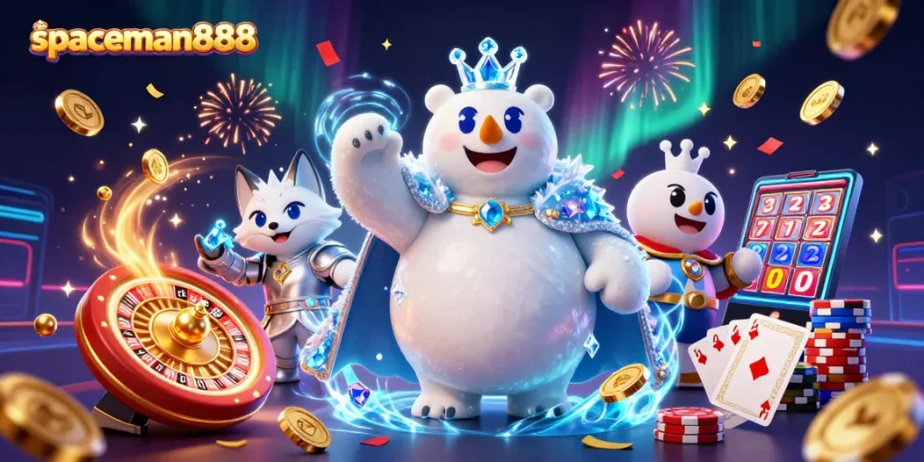 Play slot games with spaceman888 as cartoon characters fill the scene with excitement and winnings.
