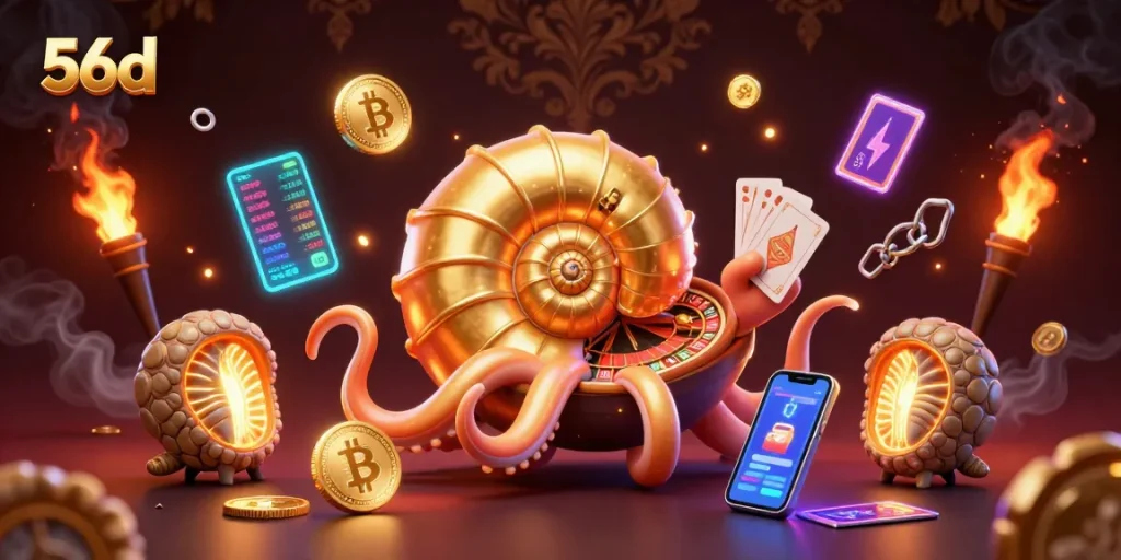 Engage with 56d's vibrant gaming scene showcasing a nautilus roulette wheel and crypto elements.