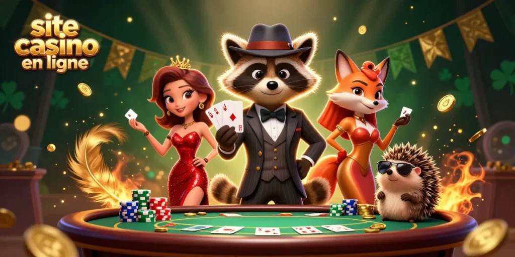 Illustration 3D d'un site casino en ligne avec un raton laveur, une renarde et un hérisson en pleine action de jeu.