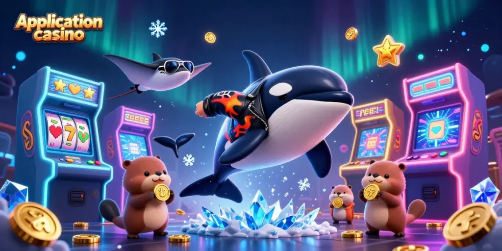 Visualisez l'application casino avec une scène dynamique de personnages marins et d'éléments de jeux d'arcade.