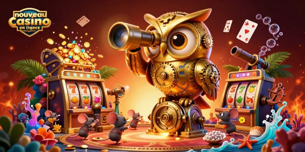 Découvrez le nouveau casino en ligne France avec un hibou mécanisé animant une scène de jeux captivante.
