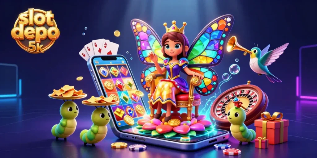 Spin the reels at slot depo 5k with a colorful 3D illustration of a butterfly queen and casino elements.