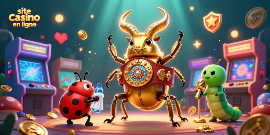 Plongez dans un site casino en ligne animé avec un scarabée géant et des jeux colorés!