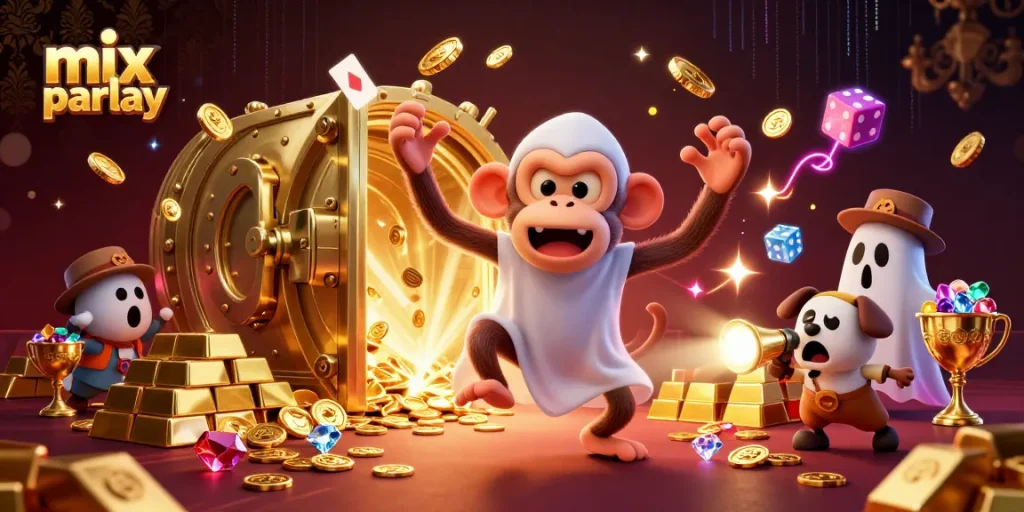 Engage in mix parlay betting action with vibrant characters and golden treasures in a dynamic sports scene.